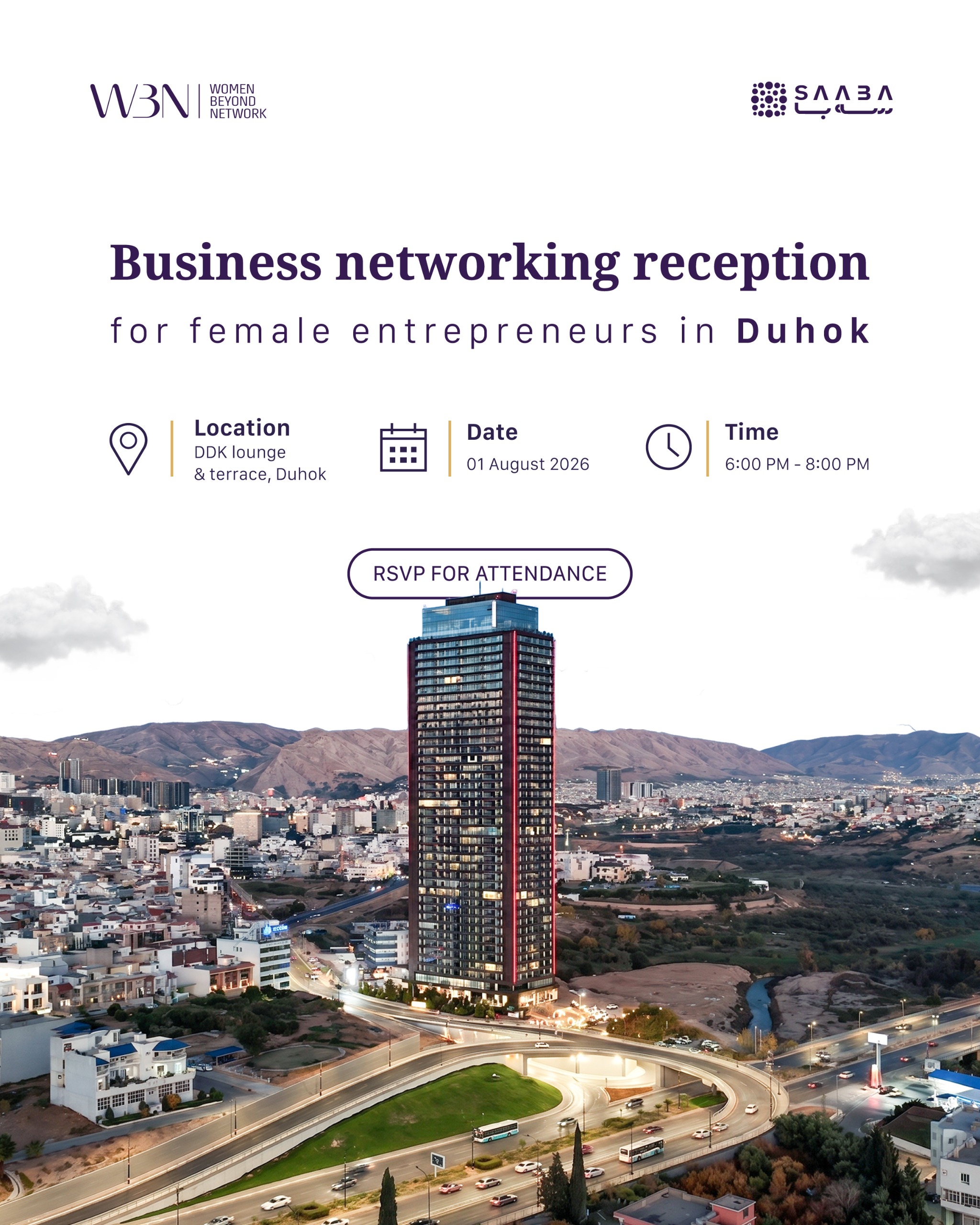Business Networking Reception for Female Entrepreneurs in Duhok — DDK Lounge & Terrace, 01 August 2026, 6:00 PM to 8:00 PM
